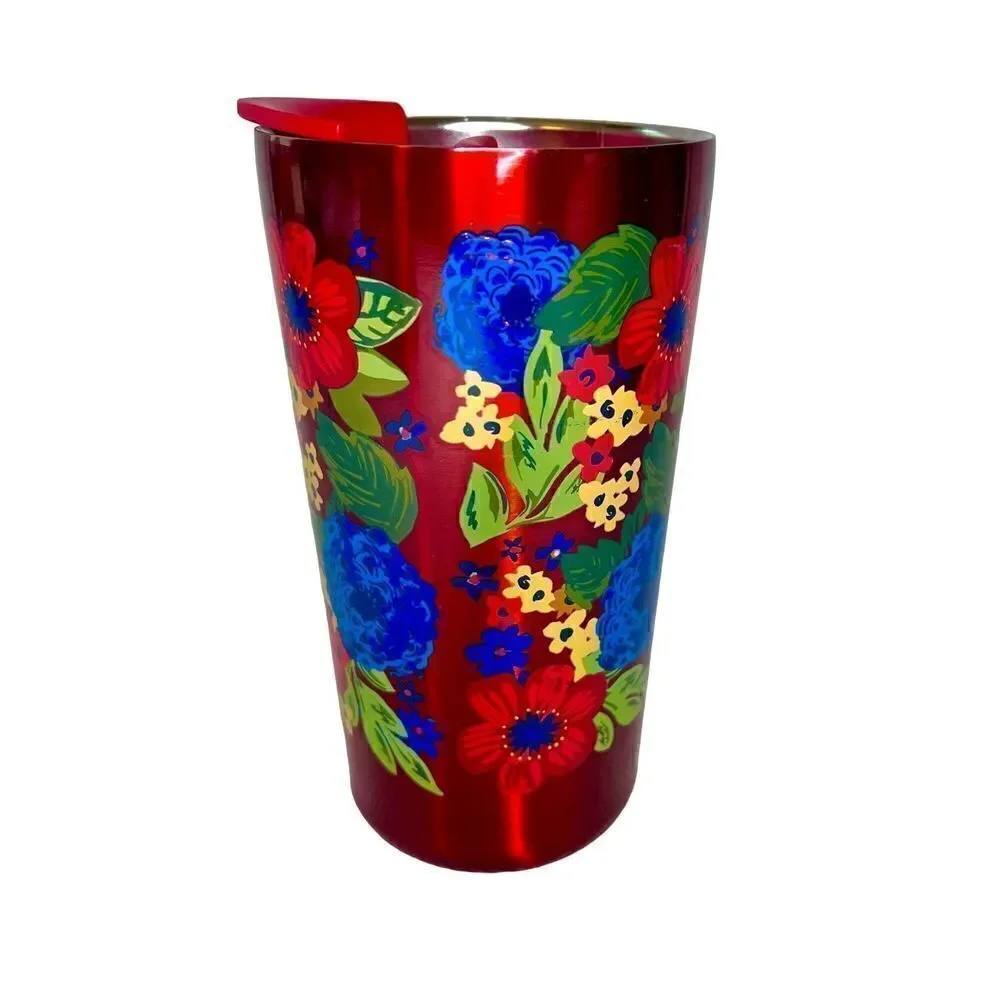 Pioneer Woman Red Floral Stainless Steel Double Insulated Cup Coffee Tea W Top